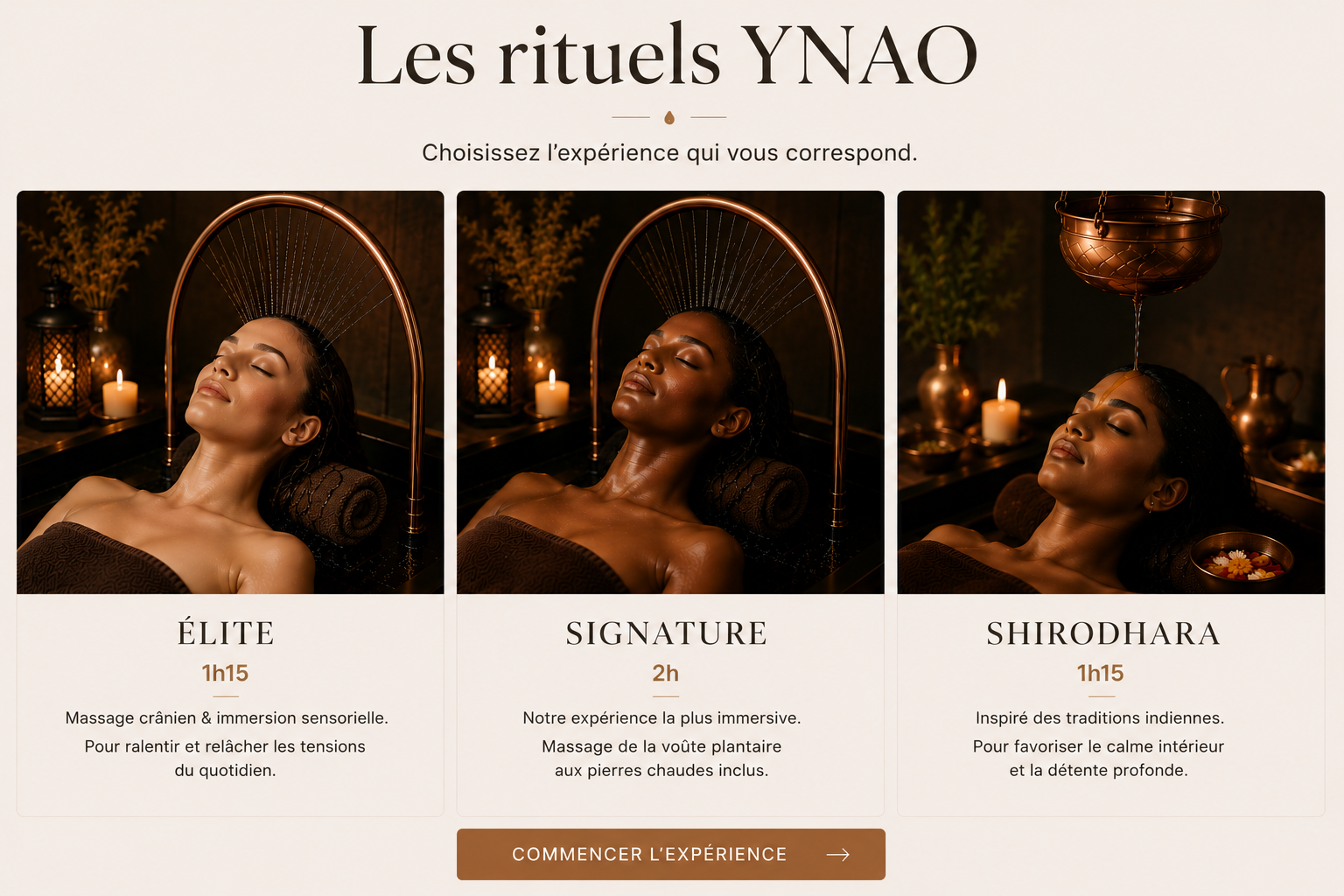 YNAO L'ART DU RELACHEMENT Femme se relaxant dans un spa, éclairage tamisé avec des bougies. Écriture "YNAO ÉLITE".