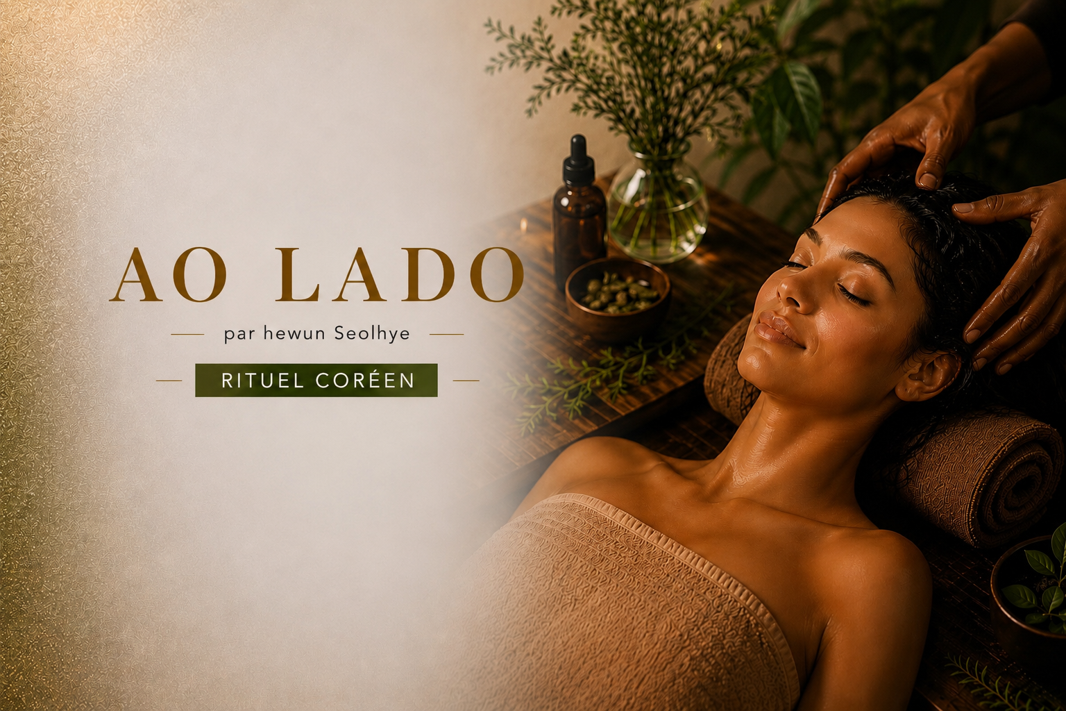 YNAO RITUEL DE PLANTES Femme relaxée, entourée de plantes, recevant un soin de bien-être.