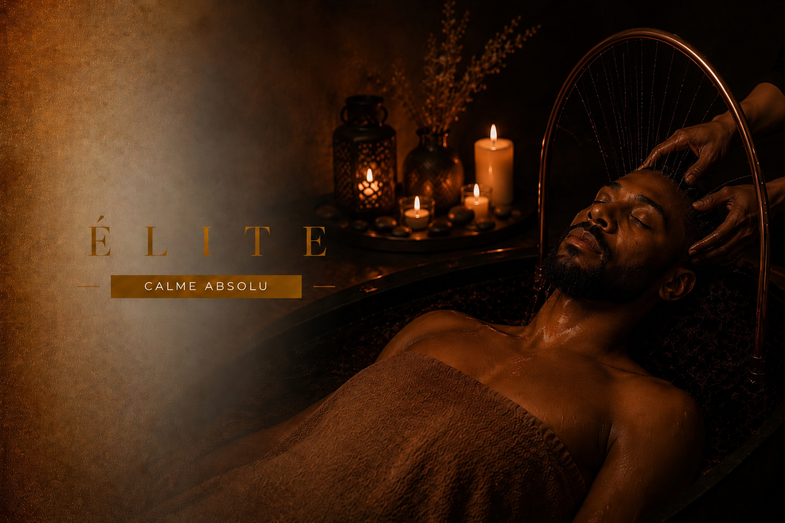 YNAO CALME ABSOLU Homme détendu dans un cadre de spa avec bougies et éléments de bien-être.