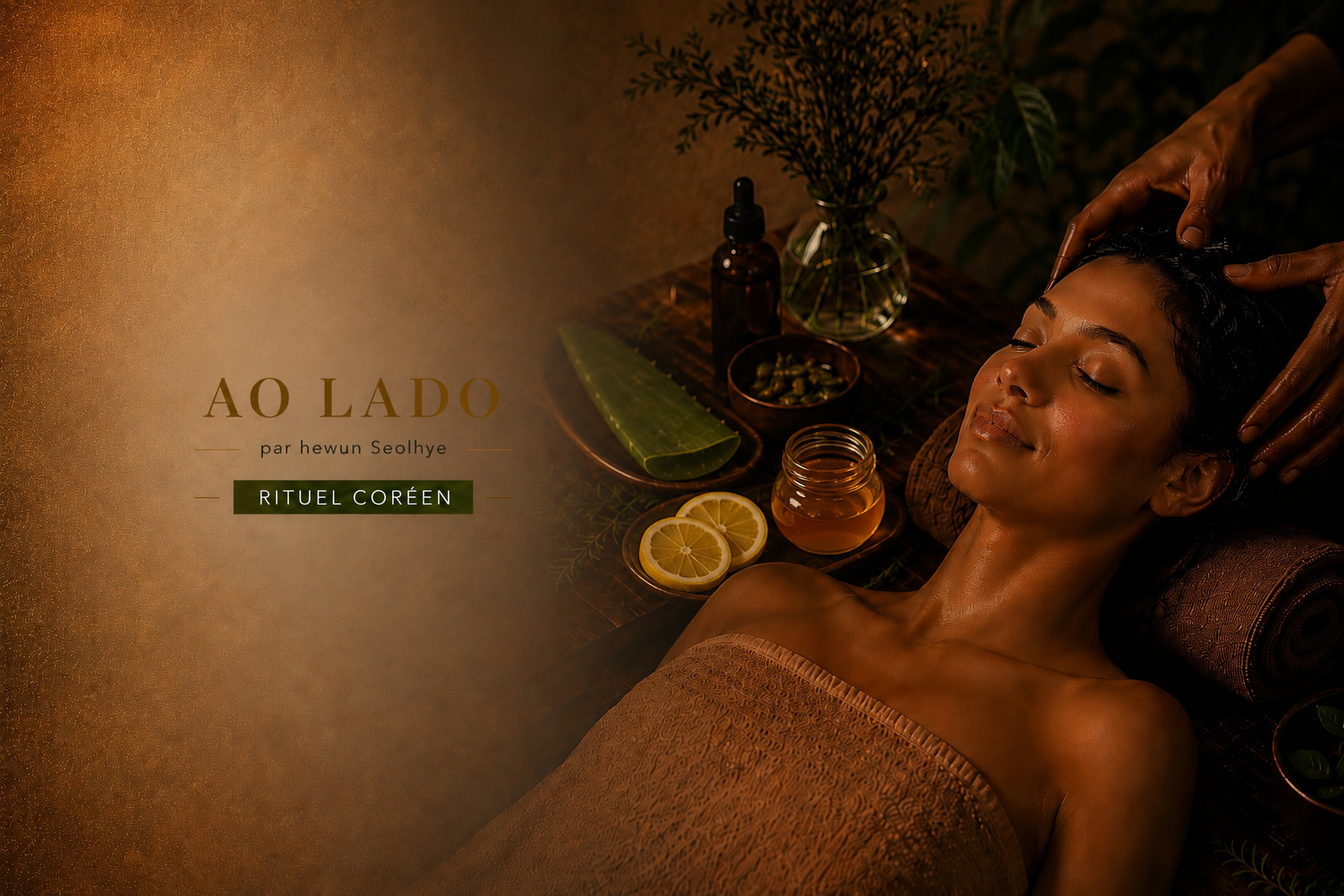 YNAO RITUEL DE PLANTES Femme relaxée, entourée de plantes, recevant un soin de bien-être.