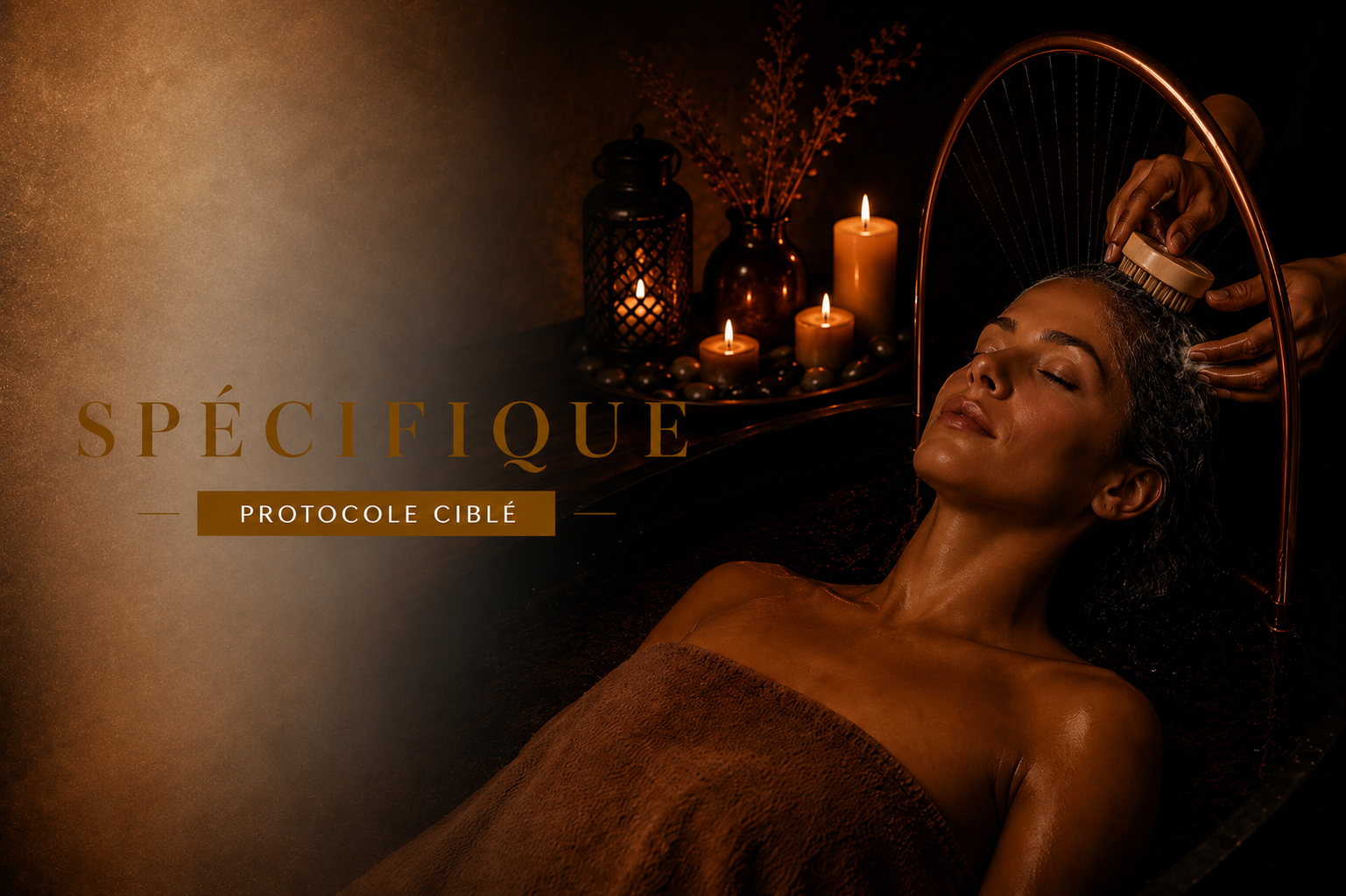 YNAO RITUEL SPECIFIQUE CIBLE Femme se détendant avec un massage, entourée de bougies et d'un ambiance apaisante.