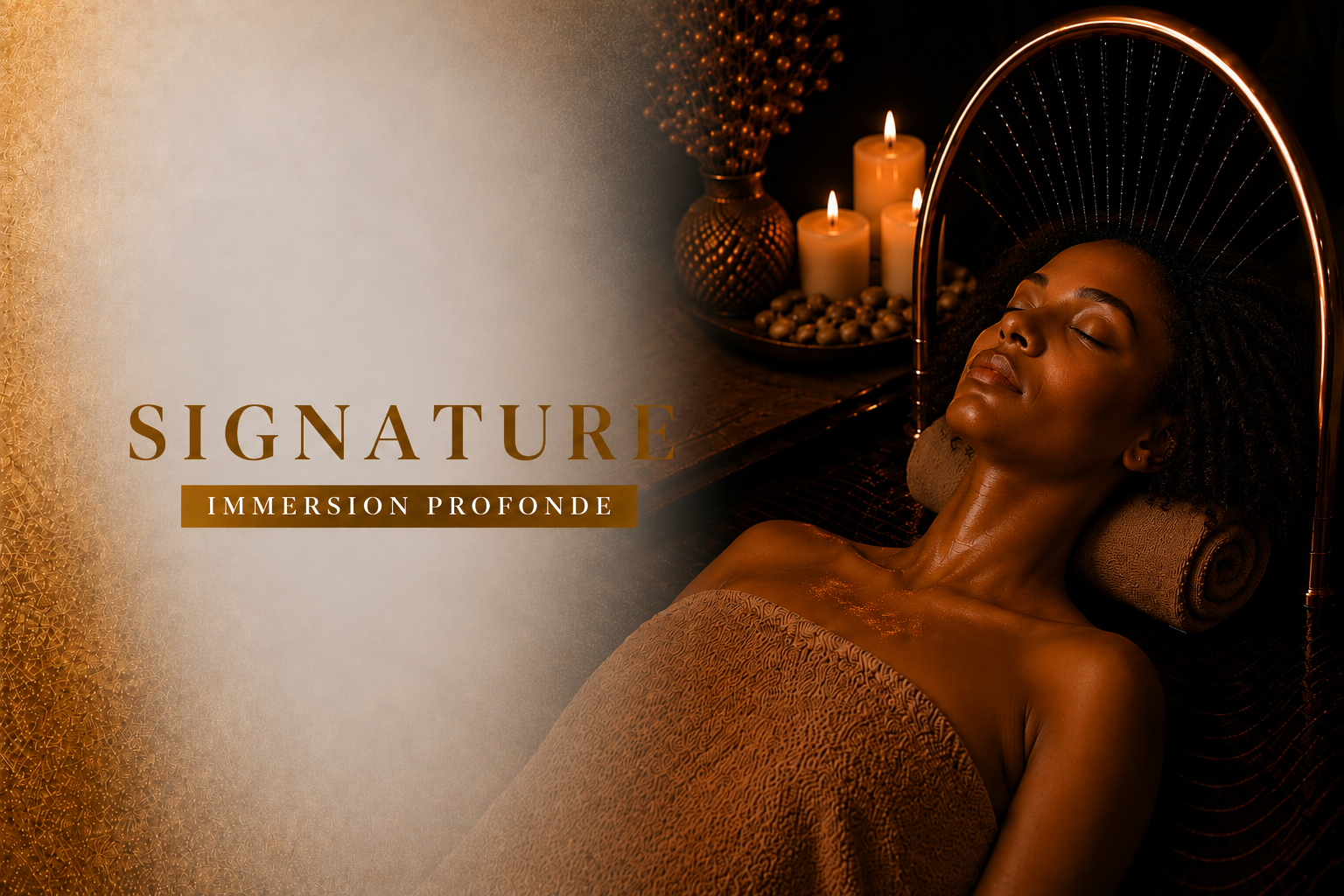 YNAO RITUEL D'IMMERSION SIGNATURE Femme recevant un soin de spa avec des bougies, ambiance relaxante et luxe.