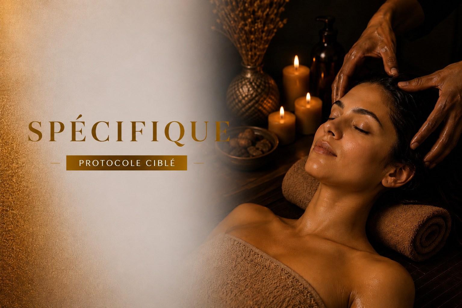 YNAO RITUEL SPECIFIQUE CIBLE Femme se détendant avec un massage, entourée de bougies et d'un ambiance apaisante.