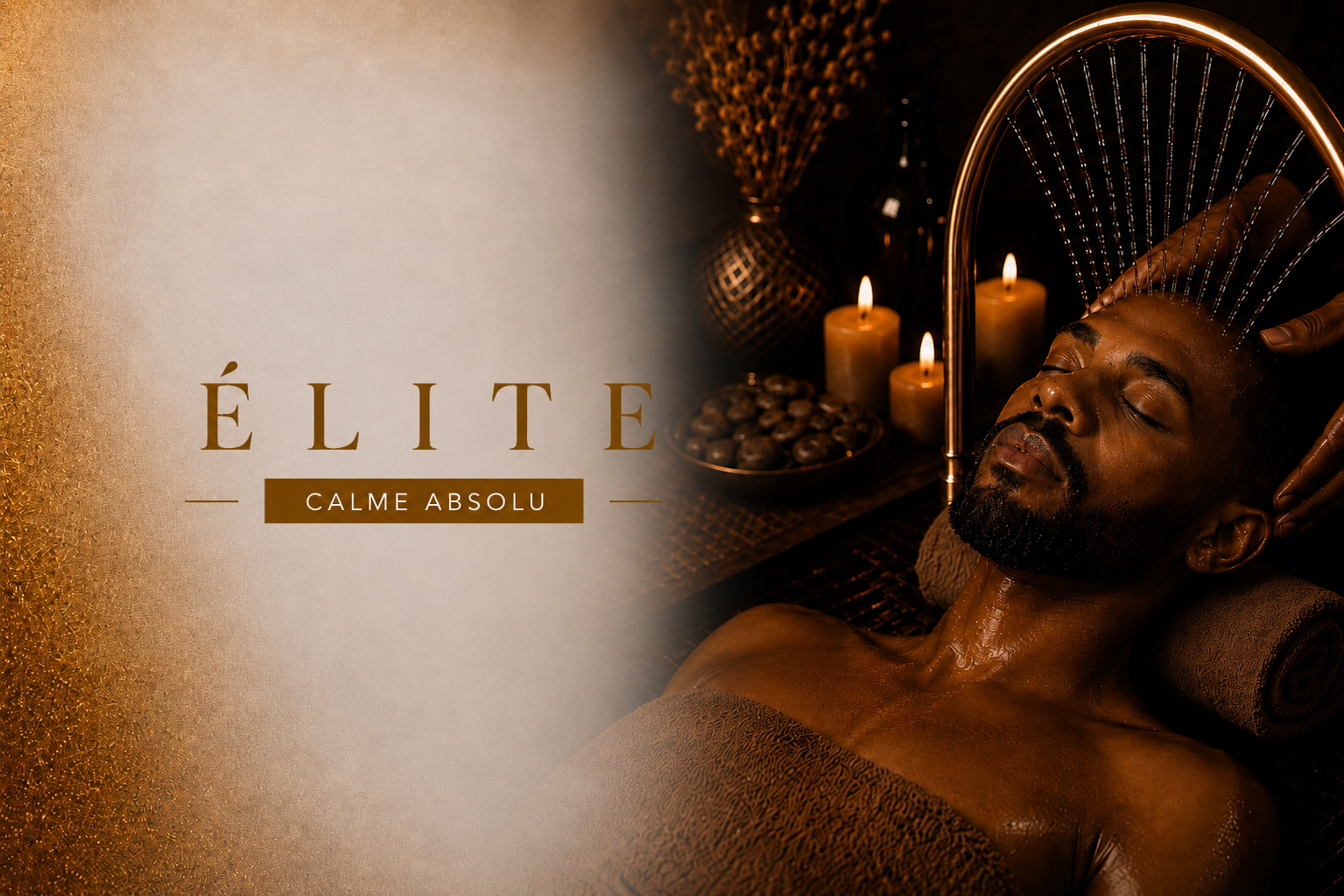 YNAO CALME ABSOLU Homme détendu dans un cadre de spa avec bougies et éléments de bien-être.
