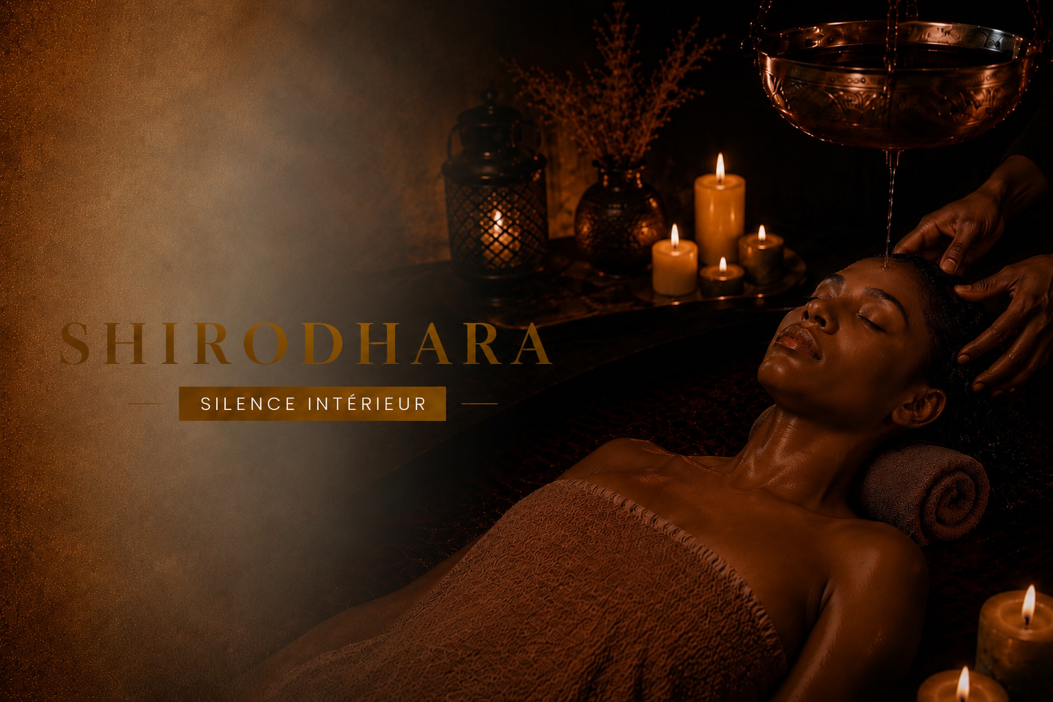 YNAO SHIRODHARA SILENCE INTERIEUR Femme allongée, recevant un traitement de shiropdhara avec des huiles.