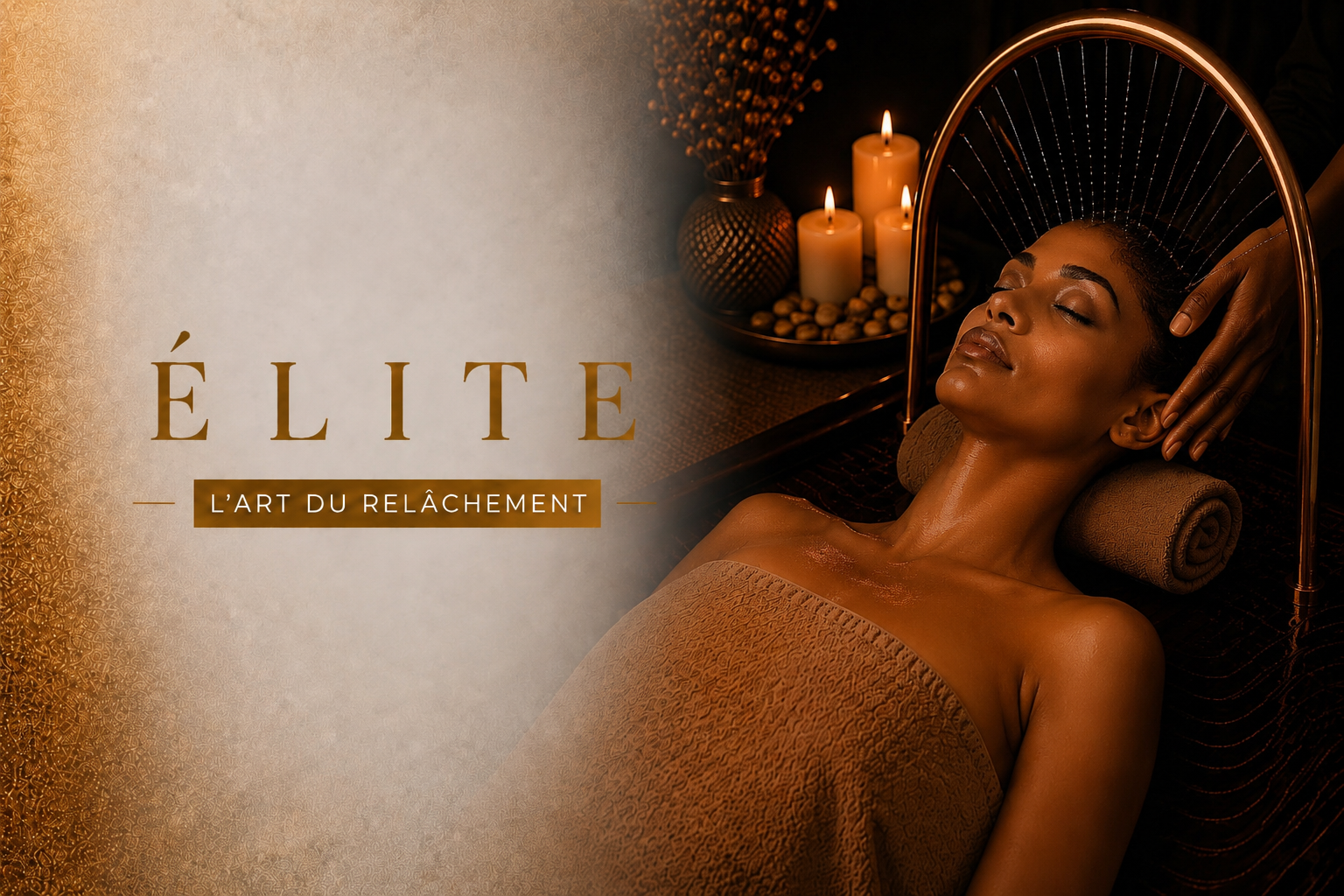 YNAO L'ART DU RELACHEMENT Femme se relaxant dans un spa, éclairage tamisé avec des bougies. Écriture "YNAO ÉLITE".